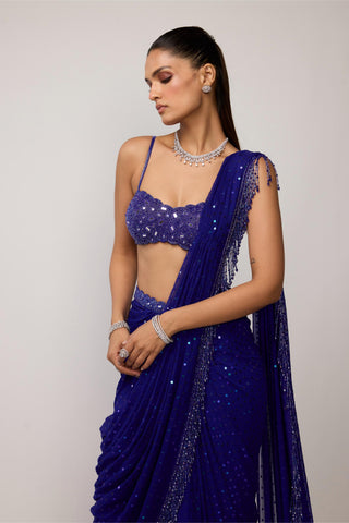 Draped Saree Indian Wedding - Blue sequins embroidered set by Vvani By Vani Vats