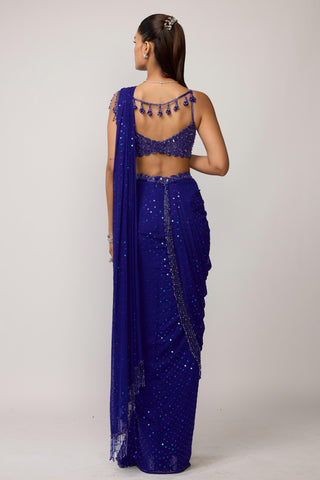 Draped Saree Indian Wedding - Blue sequins embroidered set by Vvani By Vani Vats