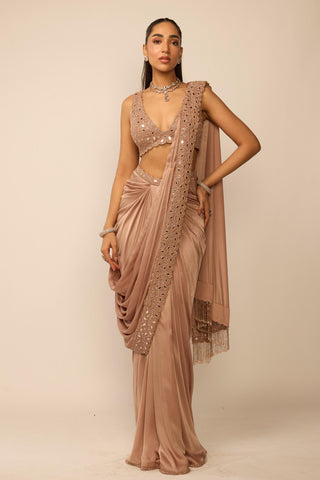 Draped Saree Indian Wedding - Pink rose satin set by Vvani By Vani Vats