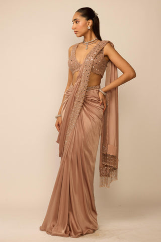 Draped Saree Indian Wedding - Pink rose satin set by Vvani By Vani Vats