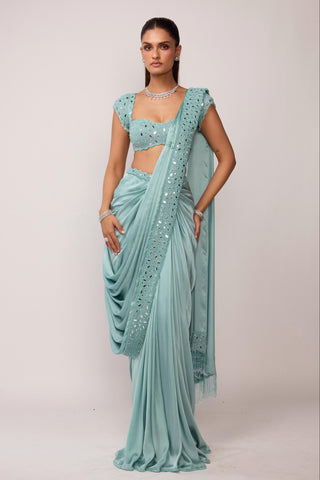 Draped Saree Indian Wedding - Blue set by Vvani By Vani Vats
