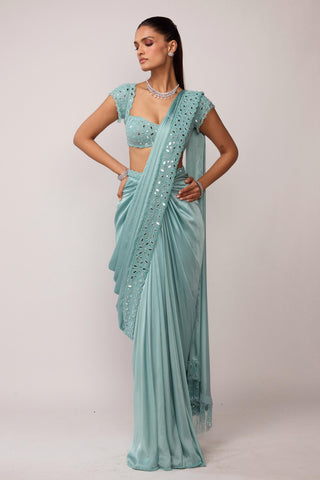 Draped Saree Indian Wedding - Blue set by Vvani By Vani Vats