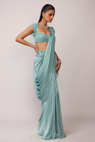 Draped Saree Indian Wedding - Blue set by Vvani By Vani Vats