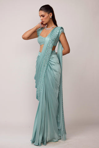 Draped Saree Indian Wedding - Blue set by Vvani By Vani Vats