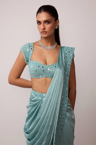 Draped Saree Indian Wedding - Blue set by Vvani By Vani Vats