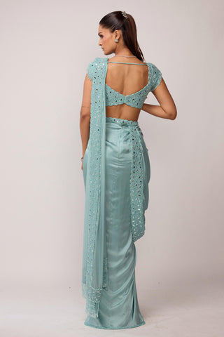 Draped Saree Indian Wedding - Blue set by Vvani By Vani Vats