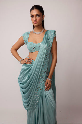 Draped Saree Indian Wedding - Blue set by Vvani By Vani Vats