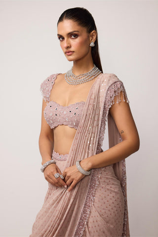 Draped Saree Indian Wedding - Pink sequins set by Vvani By Vani Vats