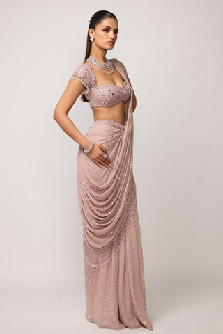 Draped Saree Indian Wedding - Pink sequins set by Vvani By Vani Vats