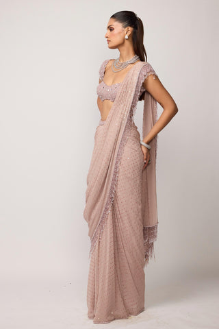 Draped Saree Indian Wedding - Pink sequins set by Vvani By Vani Vats