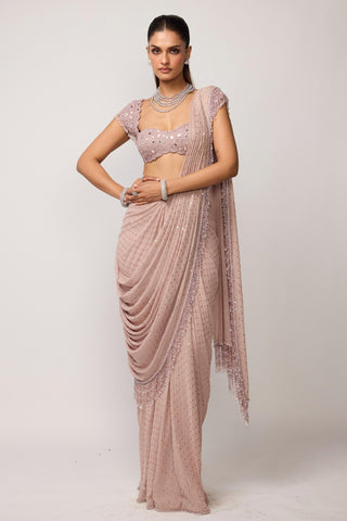 Draped Saree Indian Wedding - Pink sequins set by Vvani By Vani Vats