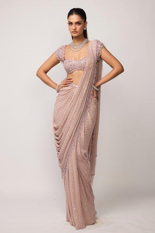 Draped Saree Indian Wedding - Pink sequins set by Vvani By Vani Vats