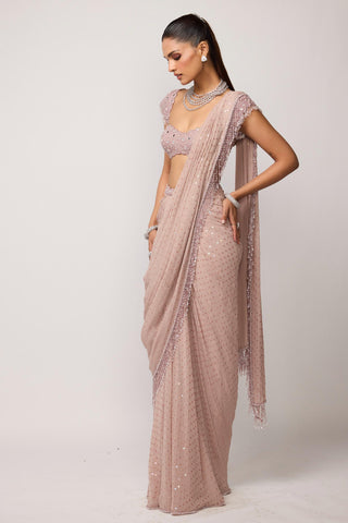 Draped Saree Indian Wedding - Pink sequins set by Vvani By Vani Vats