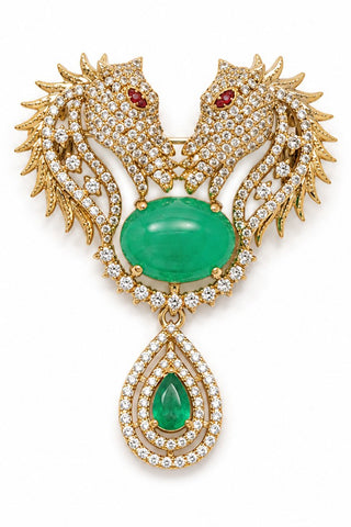 Flat product view of the gold and forest green zircon horse brooch showing vivid green oval stone with teardrop pendant at Mrs. G