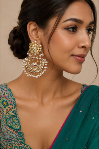 Earrings Indian Wedding - Gold Jaipuri Kundan Pearl Chandbali by Vivinia by Vidhi Mehra