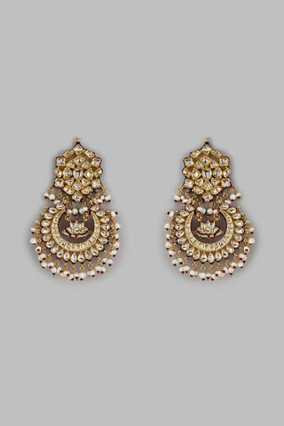 Earrings Indian Wedding - Gold Jaipuri Kundan Pearl Chandbali by Vivinia by Vidhi Mehra