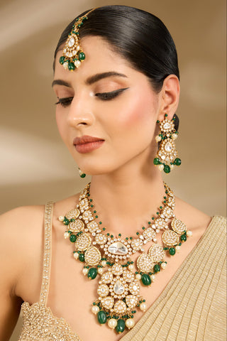 Kundan & Green Bead Bridal Necklace Set by Vivinia by Vidhi Mehra