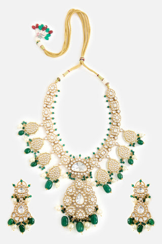 Kundan & Green Bead Bridal Necklace Set by Vivinia by Vidhi Mehra