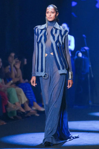Low Waisted Gown Evening Wear - Blue Slub Gown by Essé