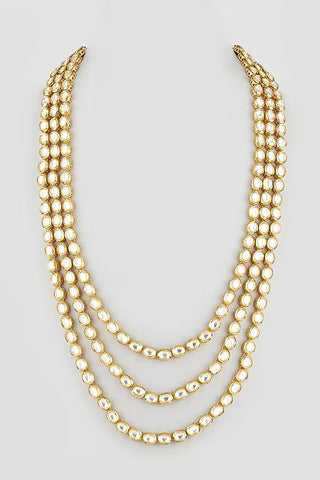 Flat product view of the gold three-layer kundan groom mala showing polished gold plating at Mrs. G