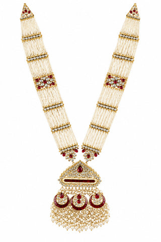 Flat product view of the multicolor pearl strand kundan pendant necklace showing ornate pendant with ruby-toned accents and pearl clusters at Mrs. G
