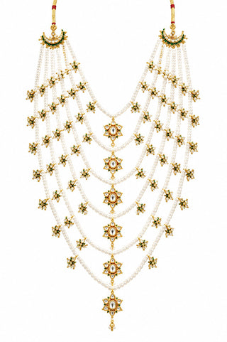 Flat product view of the white multi-layer pearl groom mala with gold star motifs showing kundan-style star motifs down the center at Mrs. G