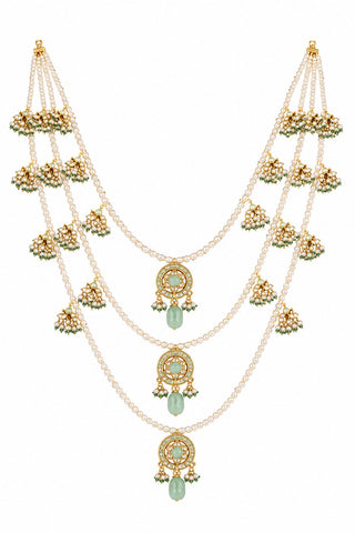 Flat product view of the white three-layer pearl kundan groom mala with green drops showing gold-plated charms with green bead drops at Mrs. G