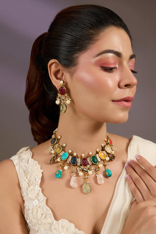 Multicolor Gemstone Choker Necklace Set for Indian Wedding by Vivinia by Vidhi Mehra