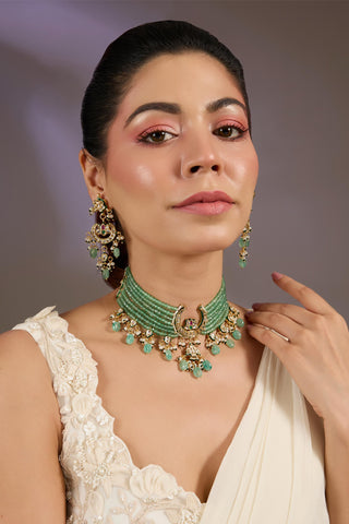 Green Beaded Kundan Choker Necklace Set for Indian Wedding – Floral Pearl Design by Vivinia by Vidhi Mehra