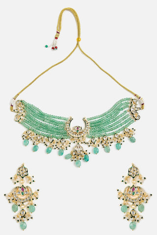 Green Beaded Kundan Choker Necklace Set for Indian Wedding – Floral Pearl Design by Vivinia by Vidhi Mehra