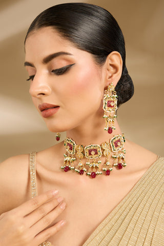 Red Stone & Pearl Choker Necklace Set for Indian Wedding by Vivinia by Vidhi Mehra