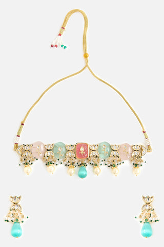 Multicolor Stone Choker Necklace Set for Indian Wedding by Vivinia by Vidhi Mehra