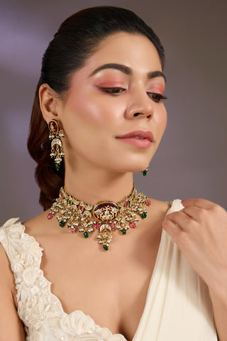 Red Floral Kundan Choker Necklace Set for Indian Wedding by Vivinia by Vidhi Mehra