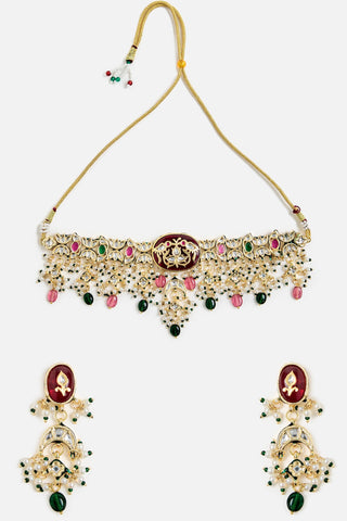 Red Floral Kundan Choker Necklace Set for Indian Wedding by Vivinia by Vidhi Mehra