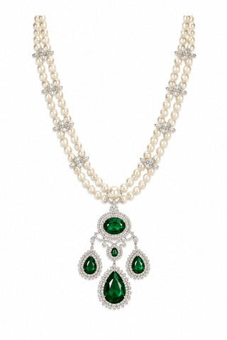 Flat product view of the white pearl necklace with green stone pendant showing green stone pendant with zircon frame at Mrs. G