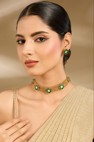 Floral Mesh Choker Necklace Set for Indian Wedding – Green Stone Design by Vivinia by Vidhi Mehra