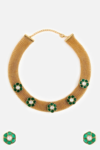 Floral Mesh Choker Necklace Set for Indian Wedding – Green Stone Design by Vivinia by Vidhi Mehra