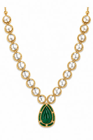 Flat product view of the deep green kundan teardrop pendant necklace showing deep green teardrop pendant at Mrs. G