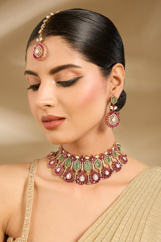 Green & Pink Stone Choker Necklace Set by Vivinia by Vidhi Mehra