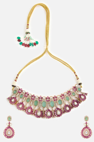 Green & Pink Stone Choker Necklace Set by Vivinia by Vidhi Mehra