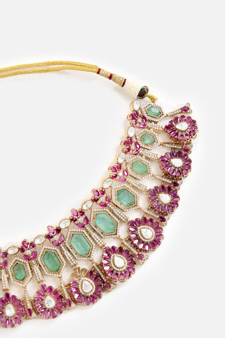 Green & Pink Stone Choker Necklace Set by Vivinia by Vidhi Mehra