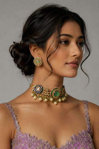 Necklace set Indian Wedding - Gold Royal Navratna Floral by Vivinia by Vidhi Mehra