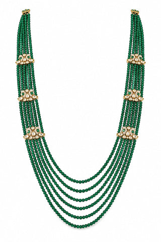 Flat product view of the emerald green layered beaded kundan floral groom mala showing kundan-style floral motifs along the strands at Mrs. G