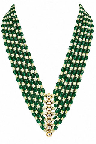 Flat product view of the emerald green layered beaded pearl kundan mala showing central kundan-style column at Mrs. G