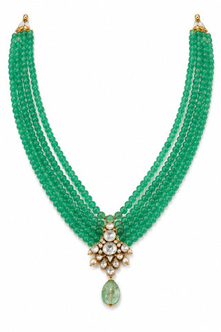 Flat product view of the jade green beaded kundan pendant mala showing kundan pendant with pearl drops at Mrs. G