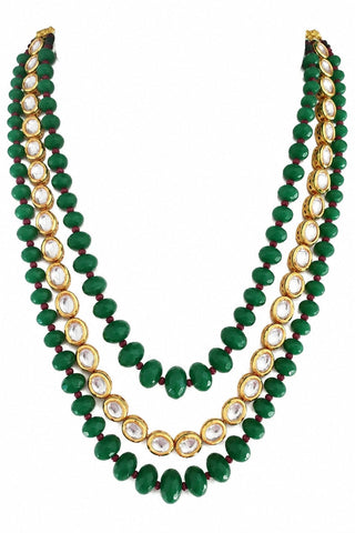 Flat product view of the emerald green three-layer kundan beaded groom mala showing green beads with white kundan-style stones at Mrs. G