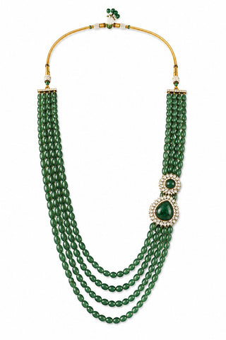 Flat product view of the emerald green layered beaded statement groom mala showing side-set teardrop and round motif at Mrs. G