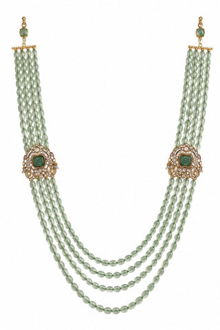 Flat product view of the sage green layered beaded kundan groom mala showing kundan-style motifs on both sides at Mrs. G