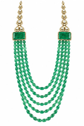 Flat product view of the jade green layered beaded kundan groom mala showing rectangular green statement stones at the top at Mrs. G