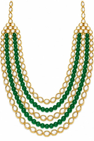 Flat product view of the emerald green beaded kundan layered mala showing gold-tone ring settings at Mrs. G